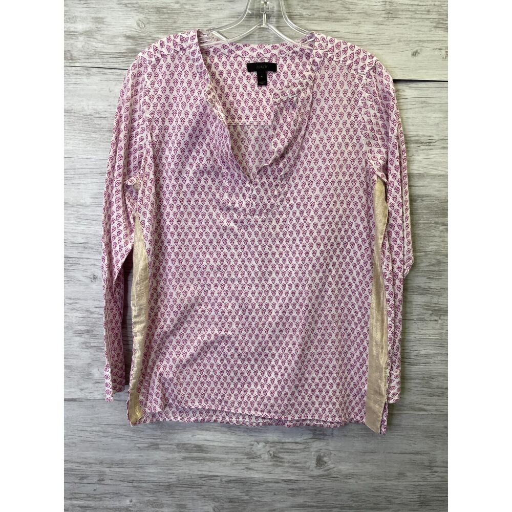 J Crew Womens 4 Pink Floral Long Sleeve V Neck Cotton Blouse C5524 Gold Trim